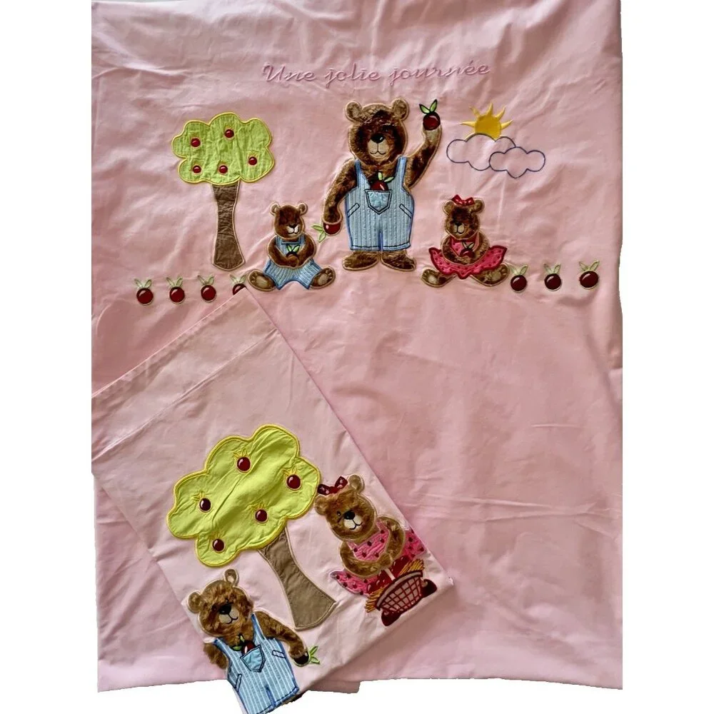French Duvet + Standard Sham Child Youth Bedding 3-D Applique 100% Cotton Pink